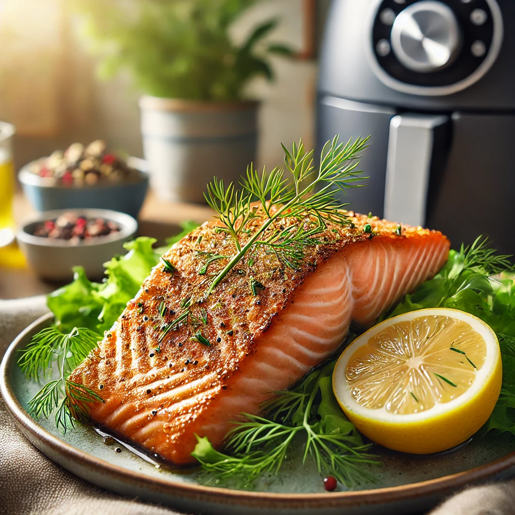 Air Fryer salmon dish with a garnished, crispy fillet