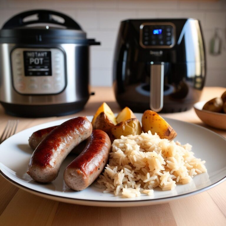 Sausage with rice and potato in a plate with the bleury kitchen in the background don't forget the instant pot and air fryer_