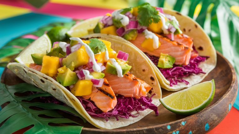 Grilled Salmon Tacos with Mango Avocado Salsa