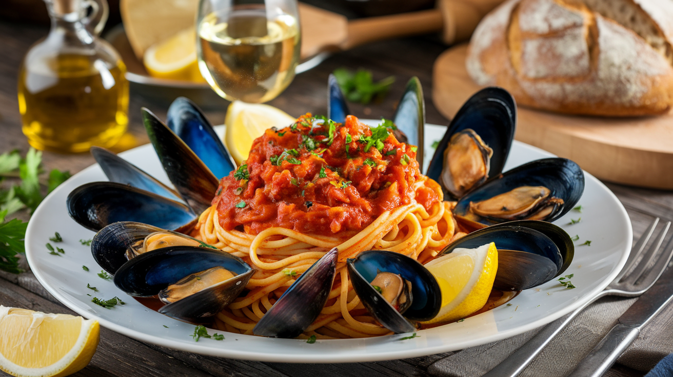 Mussels with Sauce and Spaghetti