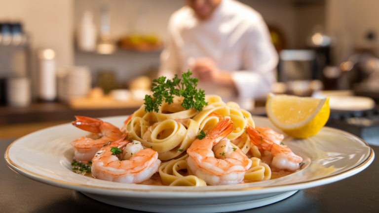 A beautifully plated serving of garlic butter shrimp scampi with linguine